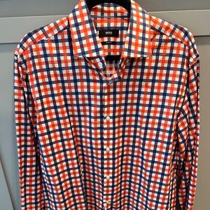 Hugo Boss dress shirt, blue orange and white checkered pattern. Size 17 34/35.
